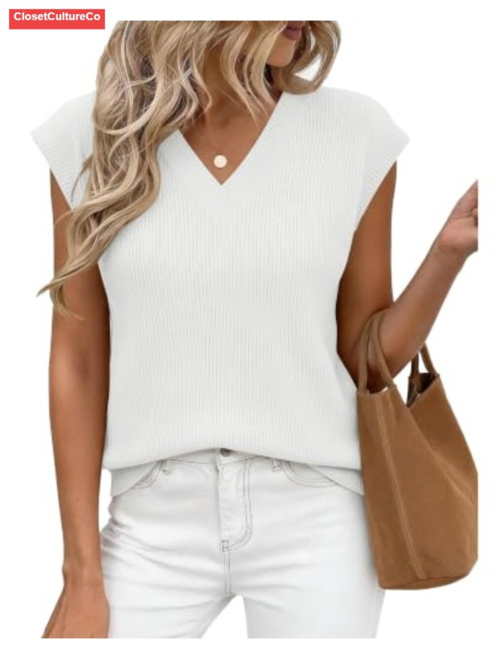 Cap Sleeve Ribbed Knit Sweater Vest V-Neck Oversized Pullover Top